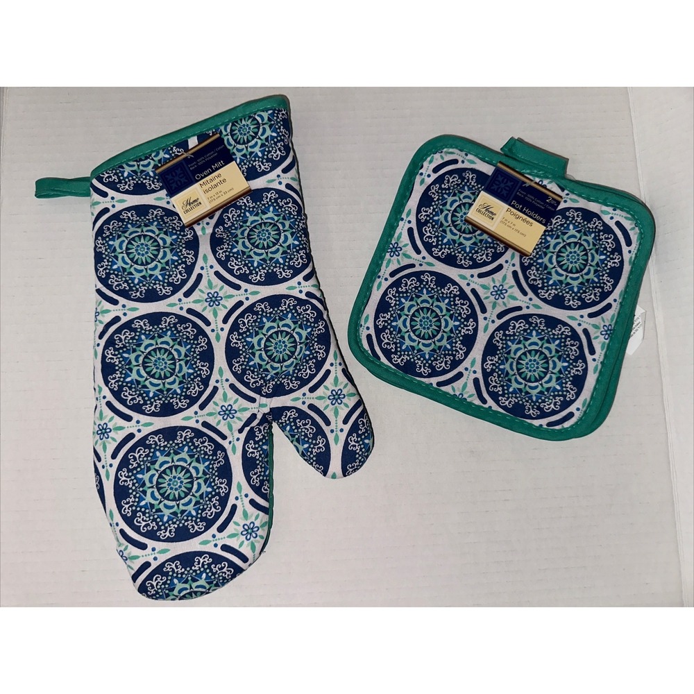 Home Collection Oven Mitt and Pot Holders Set Blue Teal Mandala 3 Piece New